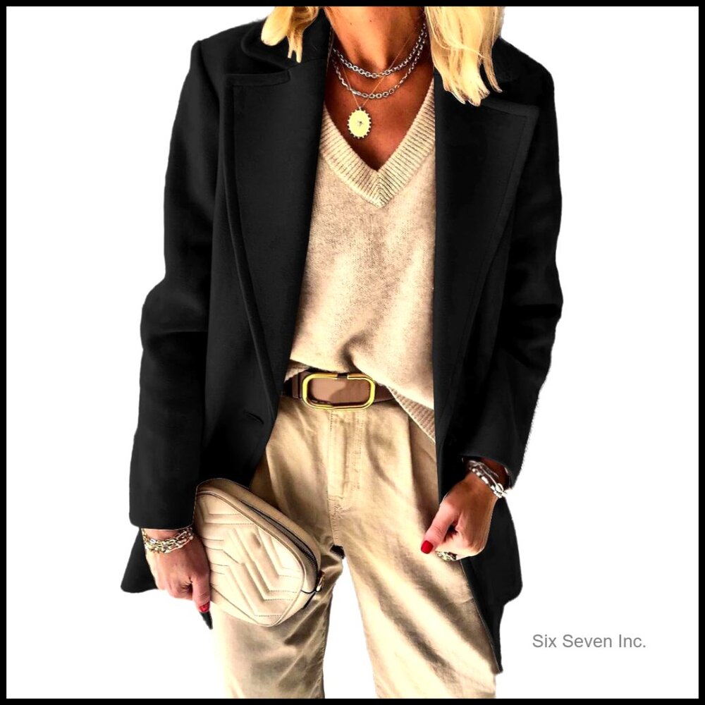 Wool Blended Blazer Pea Coat Business Casual Work Jacket